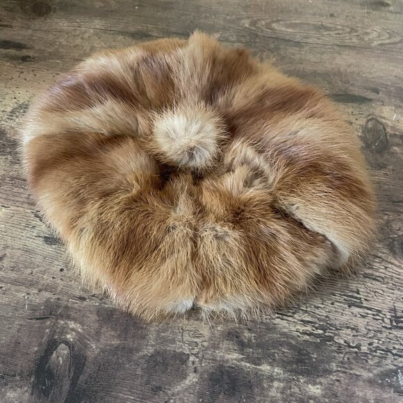 Vintage 1960s Womens Red-Brown Mink Fur Beret Pom Pom Hat Boho Mod Winter Toque - Picture 11 of 13